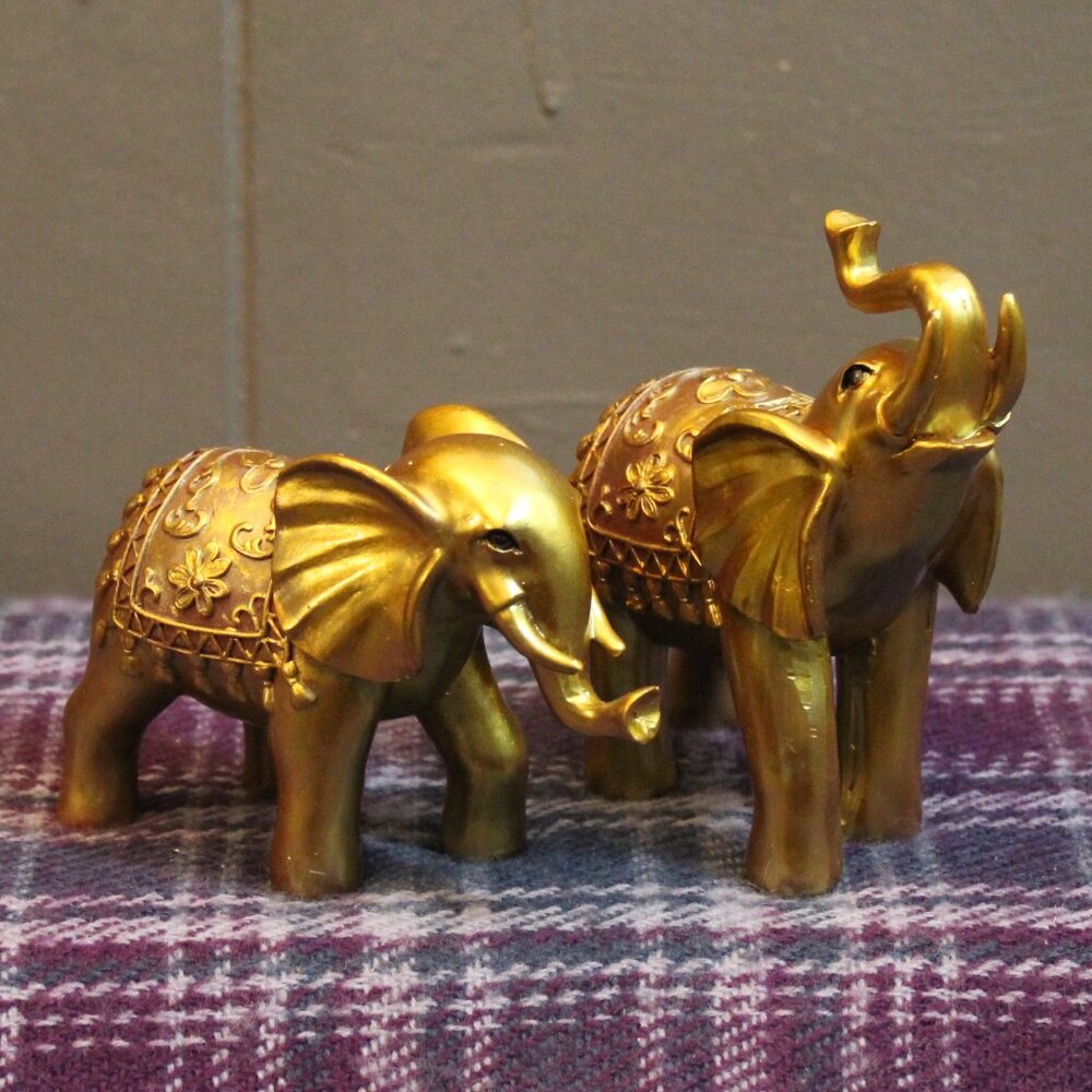 Gold Resin Elephant Figurines Set of Two